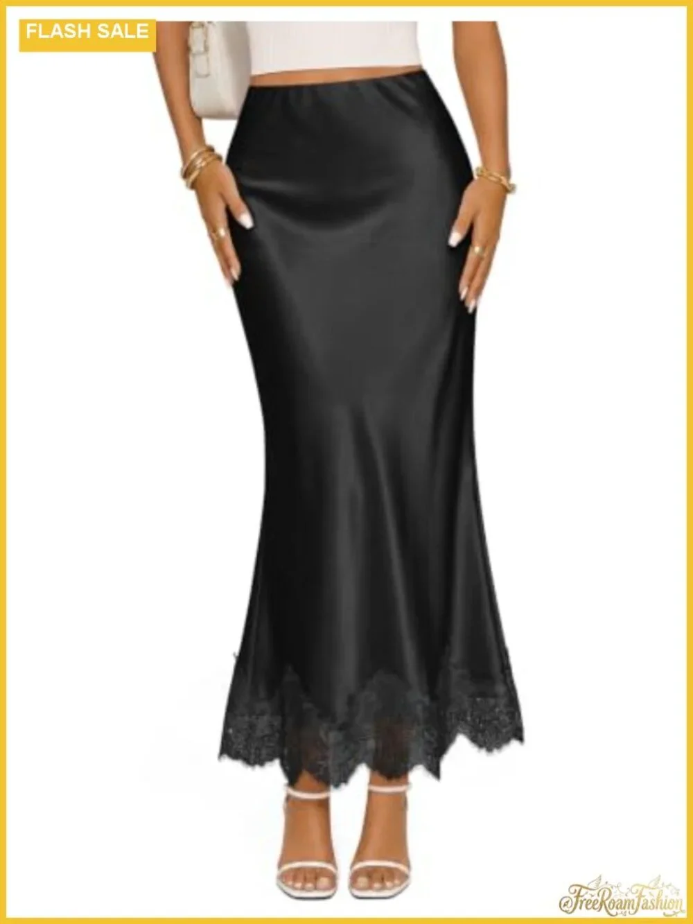 Satin Lace Trim Mermaid Fishtail Maxi Skirt High Waist Flowy